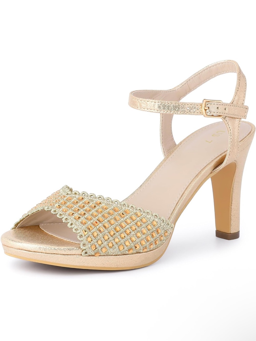 Allegra K Gold Beaded Open-Toe Ankle-Strap Heels
